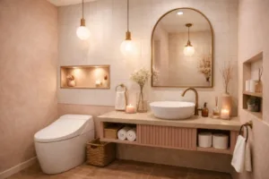 サーモンピンクを加えた、韓国っぽい美容室のトイレ内装