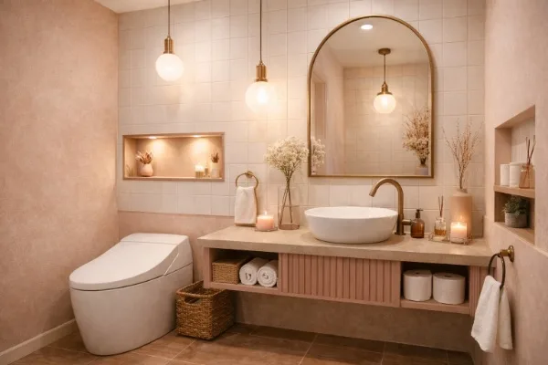 サーモンピンクを加えた、韓国っぽい美容室のトイレ内装