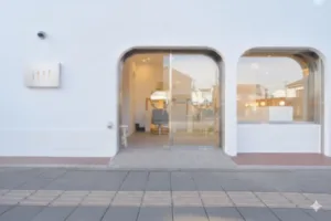 10坪美容室の外観。ステンレス看板とアーチエントランス